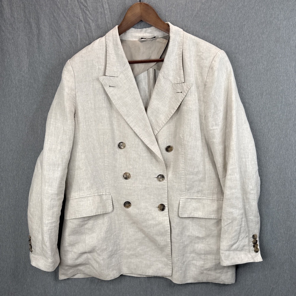 BANANA REPUBLIC Oatmeal Beige Linen Blazer Jacket Size 16 Double Breasted Preppy